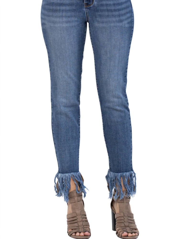 Front of a model wearing a size 24W High Rise Frayed Hem Relaxed Fit Jean In Dark Wash in Dark Wash by Judy Blue. | dia_product_style_image_id:354375